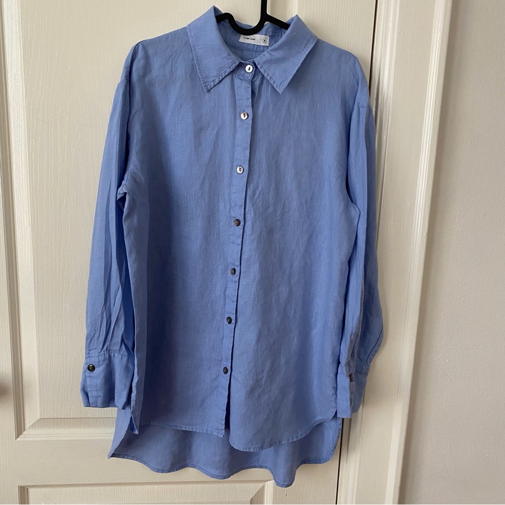 Grae Cove Blue Linen High Low Button Down Shirt Minimalist Lagenlook Size M